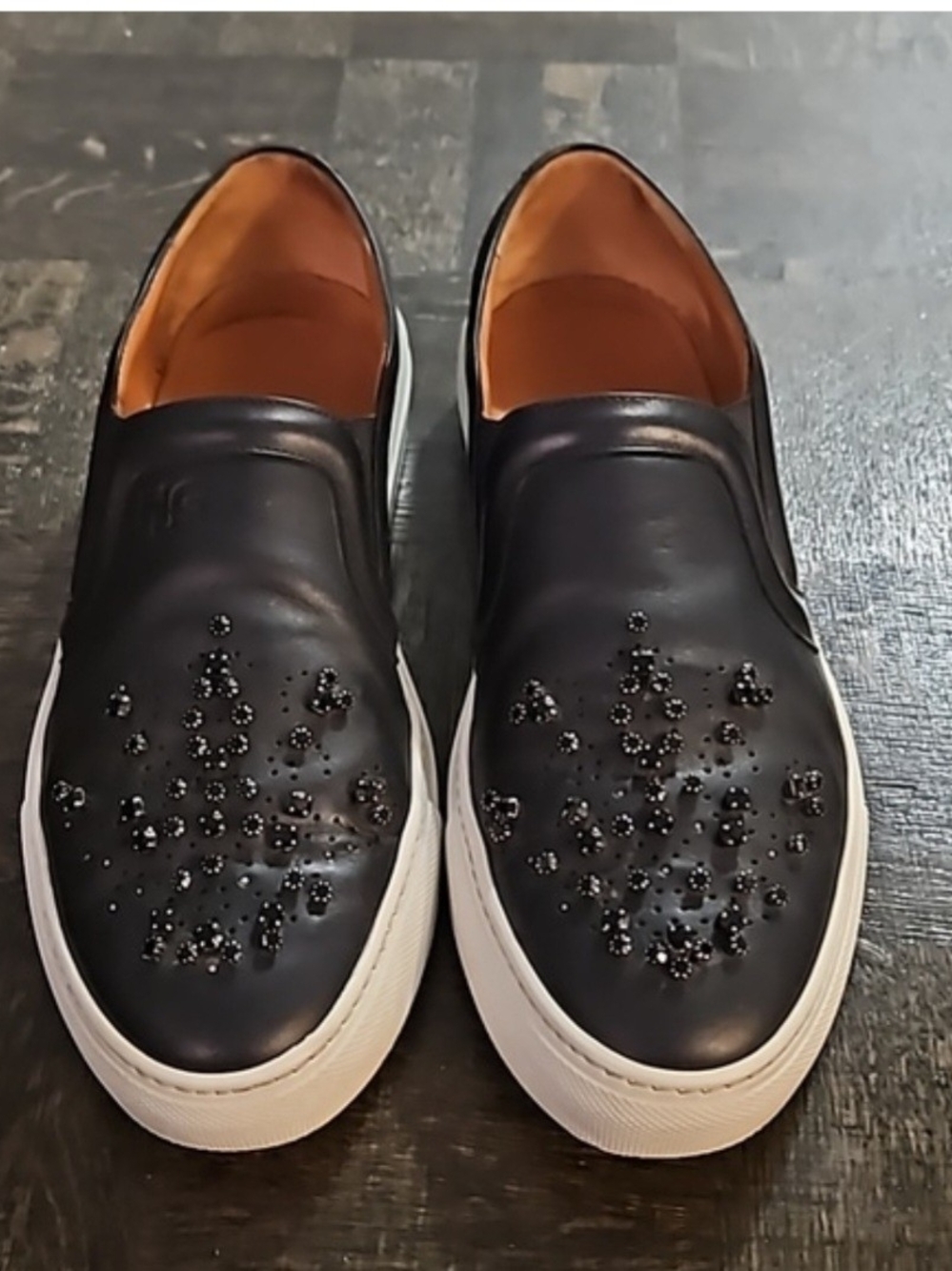 Givenchy Black Leather Slip-On Sneakers with Crystal Stud Accents